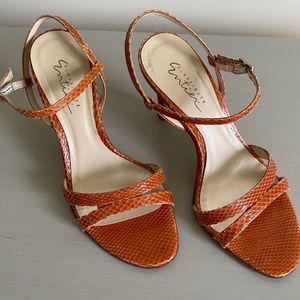 Strappy Orange Snakeskin Heel Sandals, Size 5